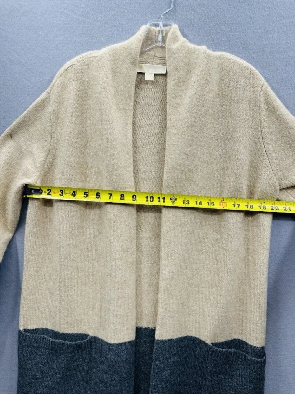 Michael Kors Cardigan Women S Long Open Front Beige Grey Pockets Colorblock EUC